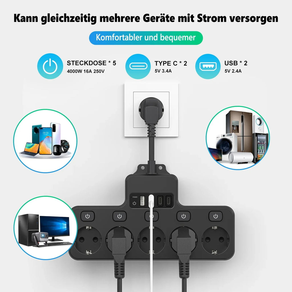Voltaro Pro 9-in-1 | Power Strip EU | 5 AC Outlets + 4 USB (2× Type-C) | Individual Switch | 16A | Short Cable 10 cm