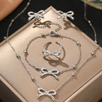 Feminine Bow Satellite Chain Necklace, Bracelet, Earrings, and Ring Set