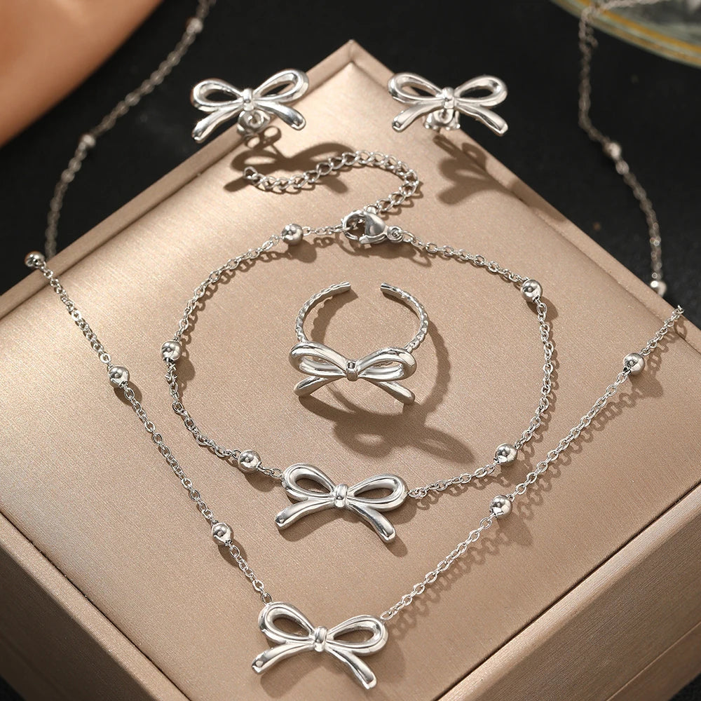 Feminine Bow Satellite Chain Necklace, Bracelet, Earrings, and Ring Set
