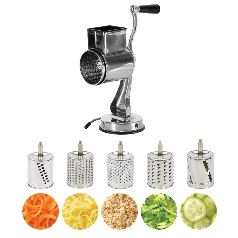 Rotary Vegetable Grater with 5 Stainless Steel Blades, Suction Cup Base, Dishwasher Safe