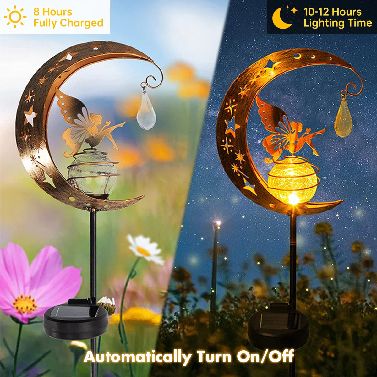 Lunafeya Solar Garden Light with Moon & Fairy | Crackle Glass Ball | IP55 Waterproof | Romantic Decor for Path & Bed