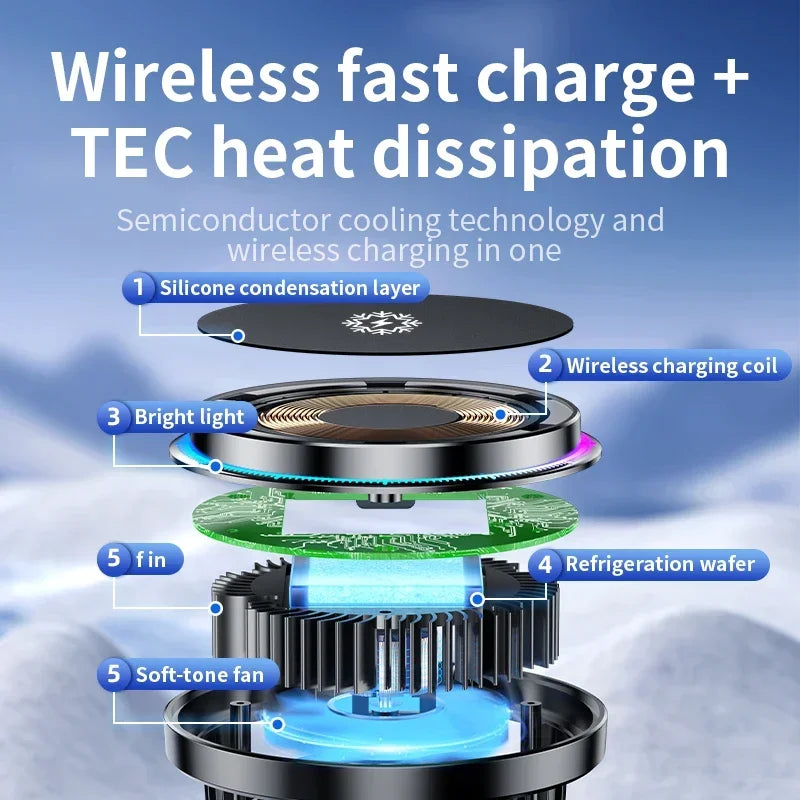 FrozzCharge Car Charger | Magnetic 15W Wireless Charging with Cooling Function | RGB Light | iPhone MagSafe Compatible
