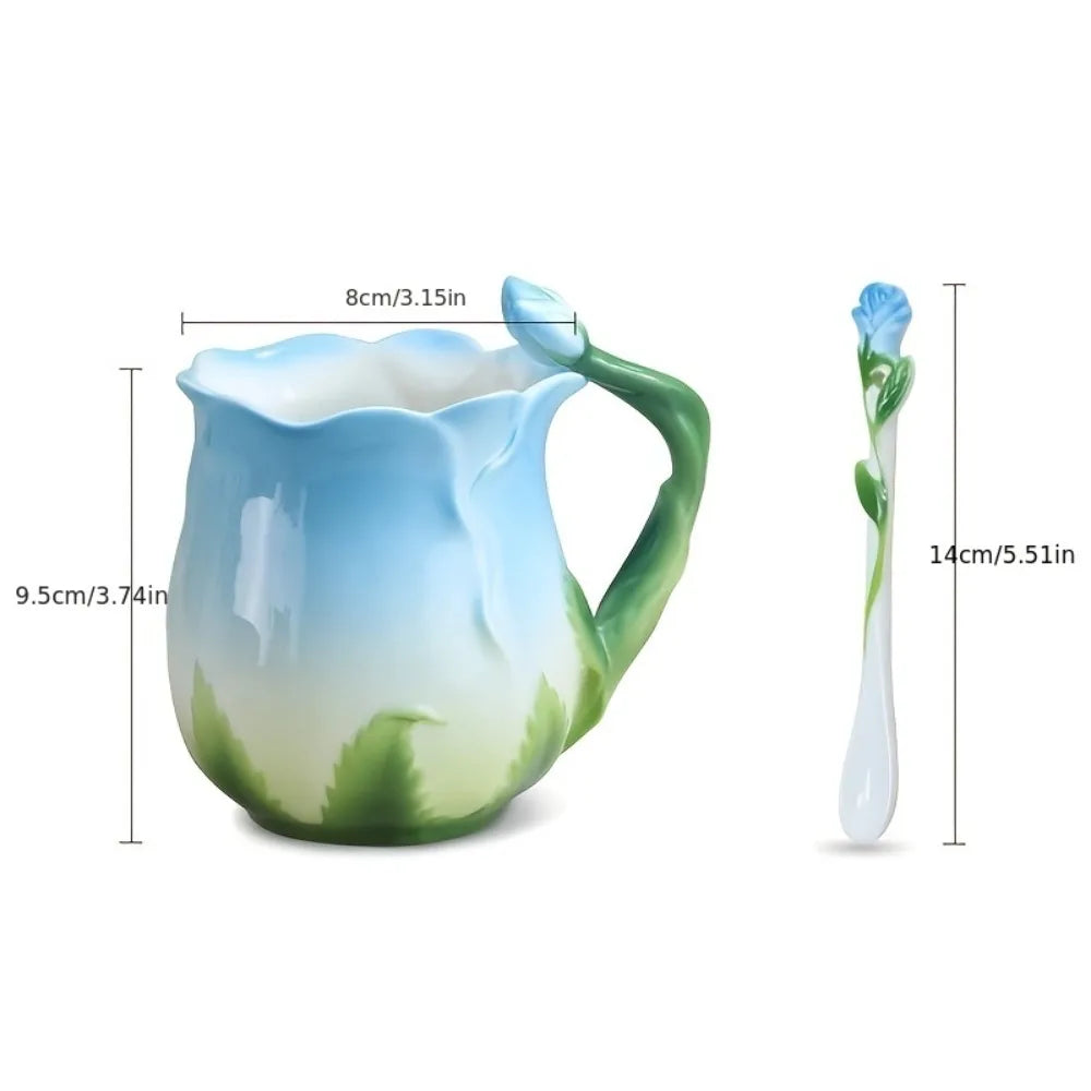 3D Rose Flower Coffee Mug Ceramic Coffee Mugs Cute Aesthetic Water Cups with Spoon Summer Winter Drinking Utensils Valentine's Day Gifts