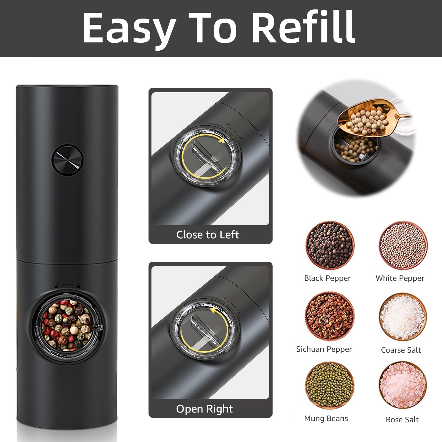 Electric automatic pepper and salt mill with LED light and adjustable grind - Perfect for the kitchen or the restaurant