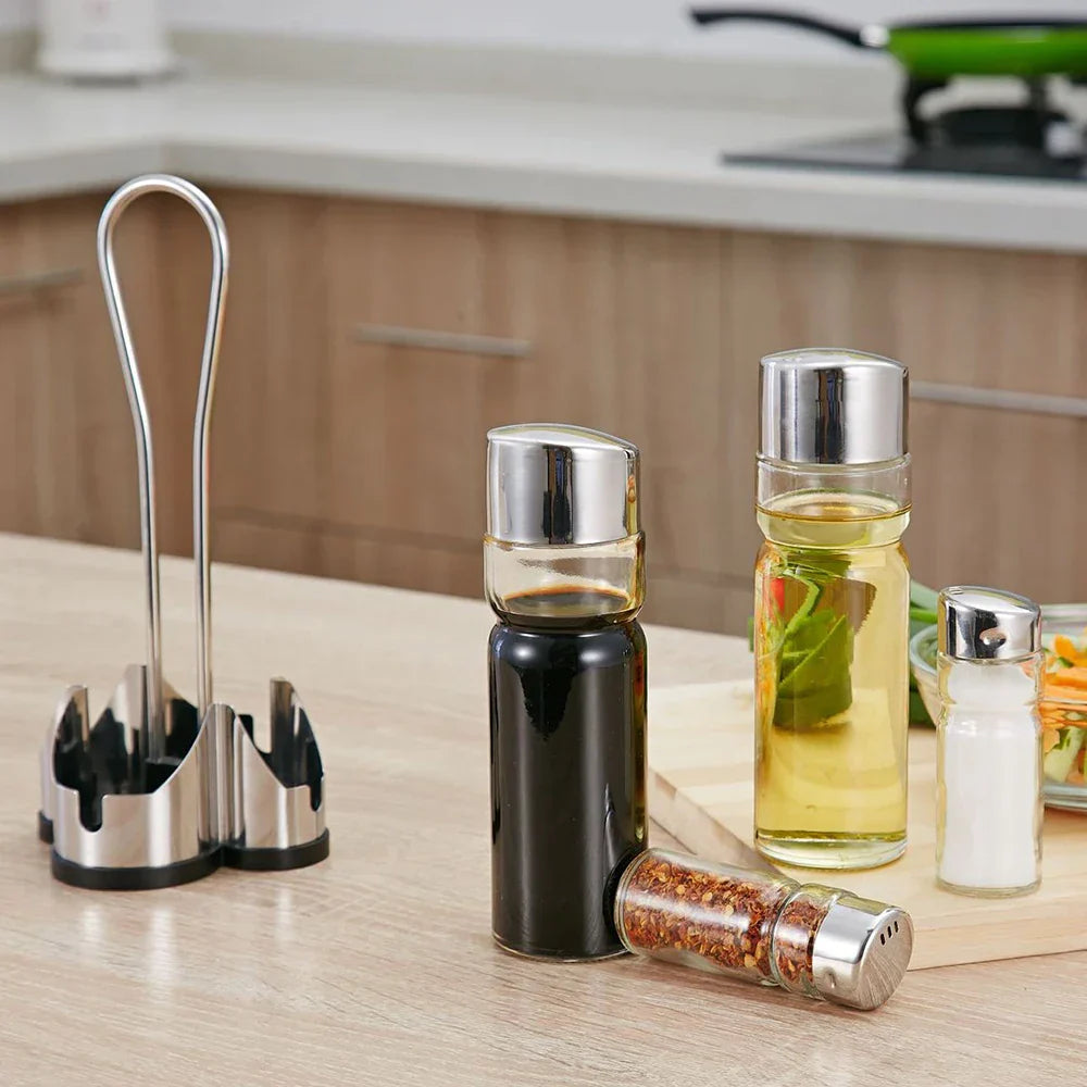 Classic set of bottles and shakers for spices with convenient stands