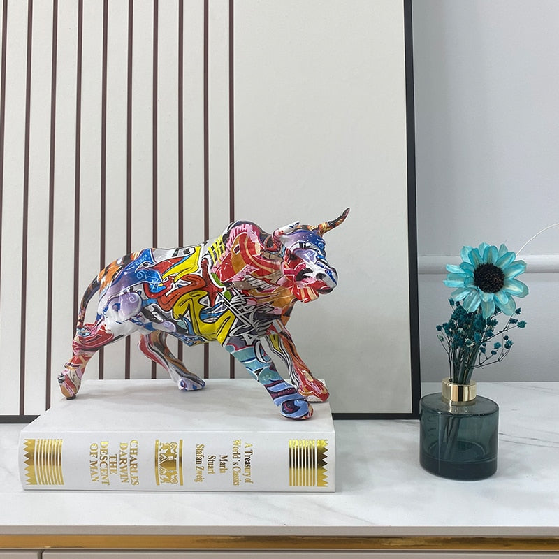 Graffiti-Painting Resin Bull Figures Home Living Room Bedroom Office Desktop Feng Shui Ornaments Collection Statues