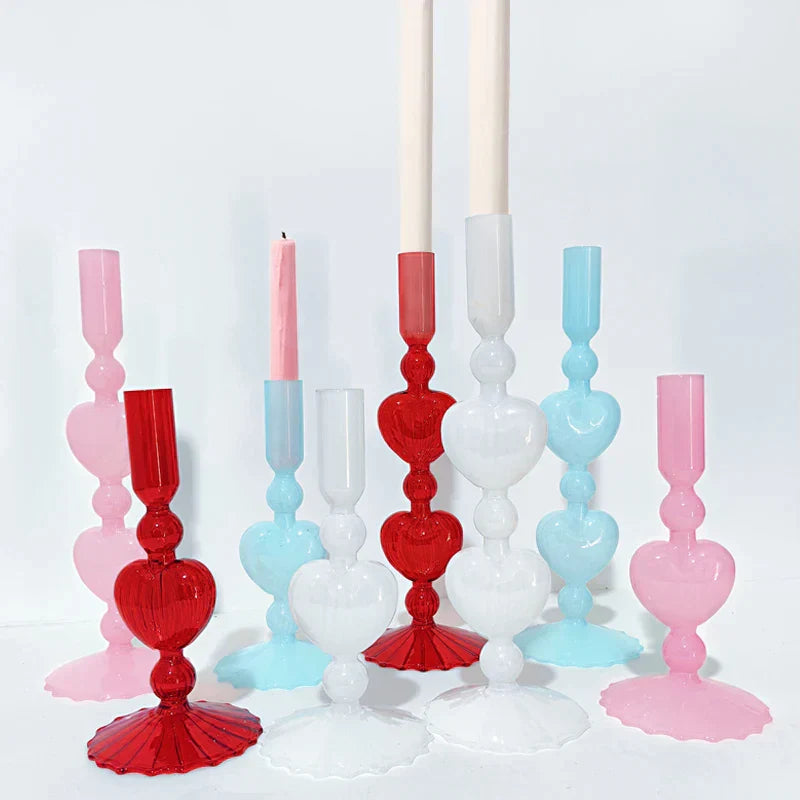 Retro Taper Candle Holder Red Heart Shape Glass Candle Holder Wedding Table Decoration Home Party Glass Vase Decor