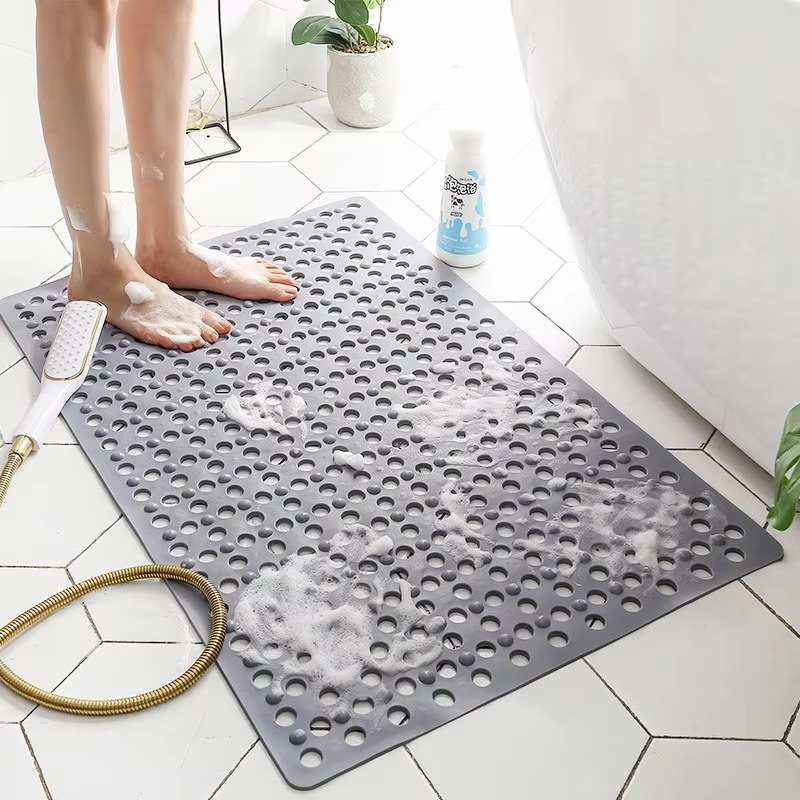 Square Non-Slip Shower Mat with Suction Cups and Quick-Drain Round Hole Design