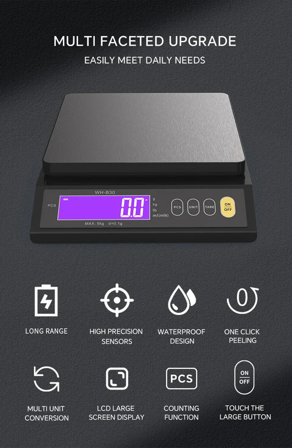 5 kg/0.1 g and 10 kg/1 g digital electronic kitchen scale, LCD display, fully waterproof stainless steel weighing tool for baking