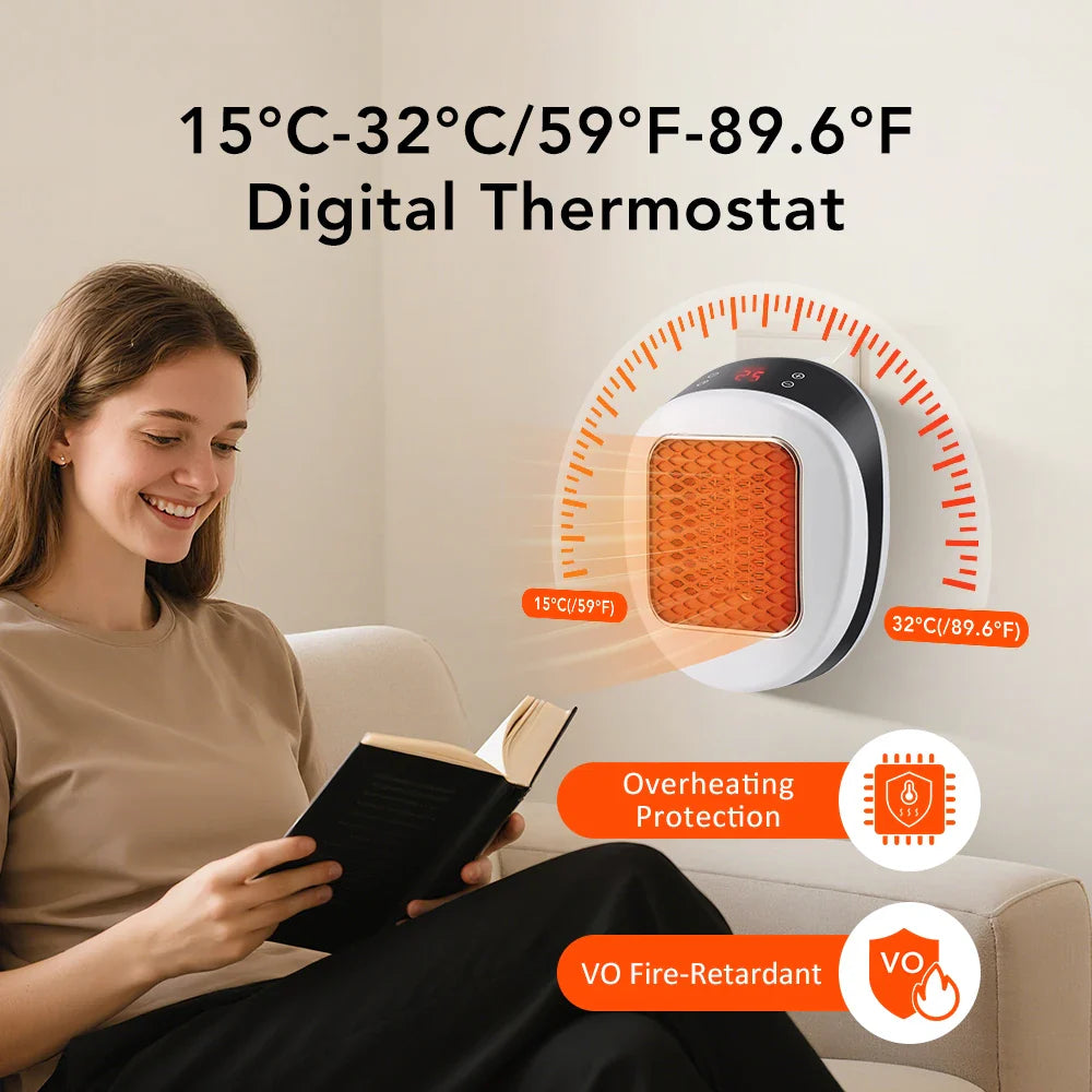 ThermoLux Mini Wall Heater 600W | Compact Electric Heater with Remote Control | Wall Socket Heater with Thermostat & Timer | Quick Heat in 3 Seconds