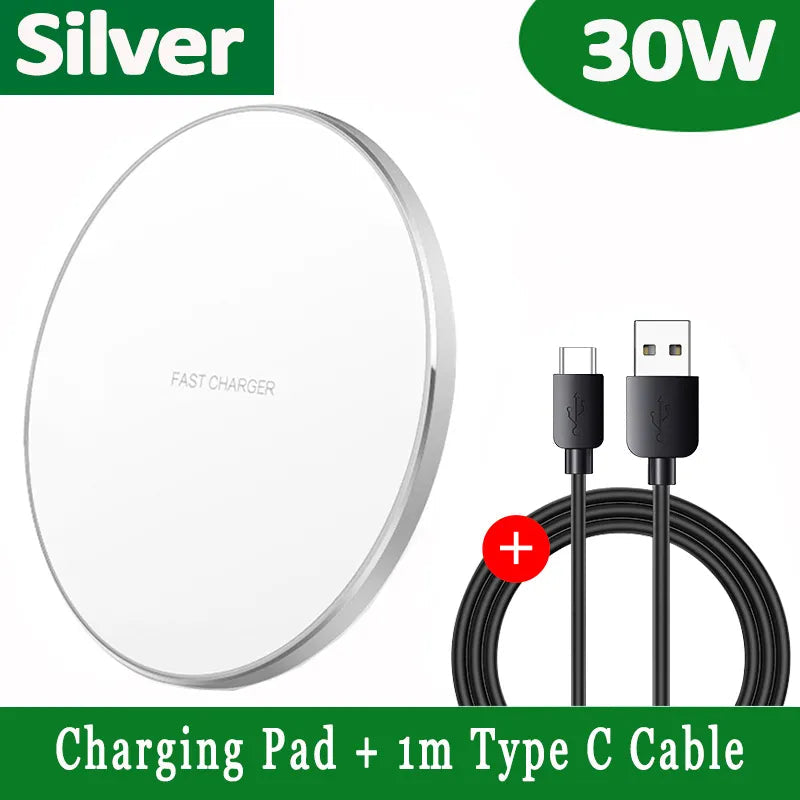 30W Fast Wireless Charging Pad | Premium USB C Charging Cable MagSafe Charger for Apple iPhone, Samsung & Android - Fast Wireless Charging Pad