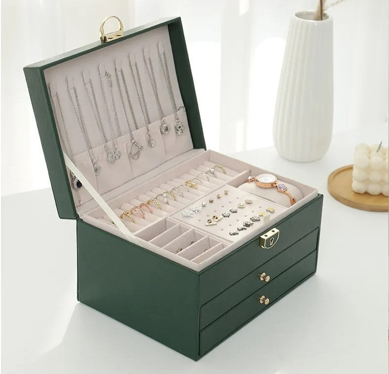 Lockable Leather Jewelry Box with Multi-Layer Storage