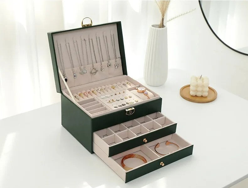 Lockable Leather Jewelry Box with Multi-Layer Storage