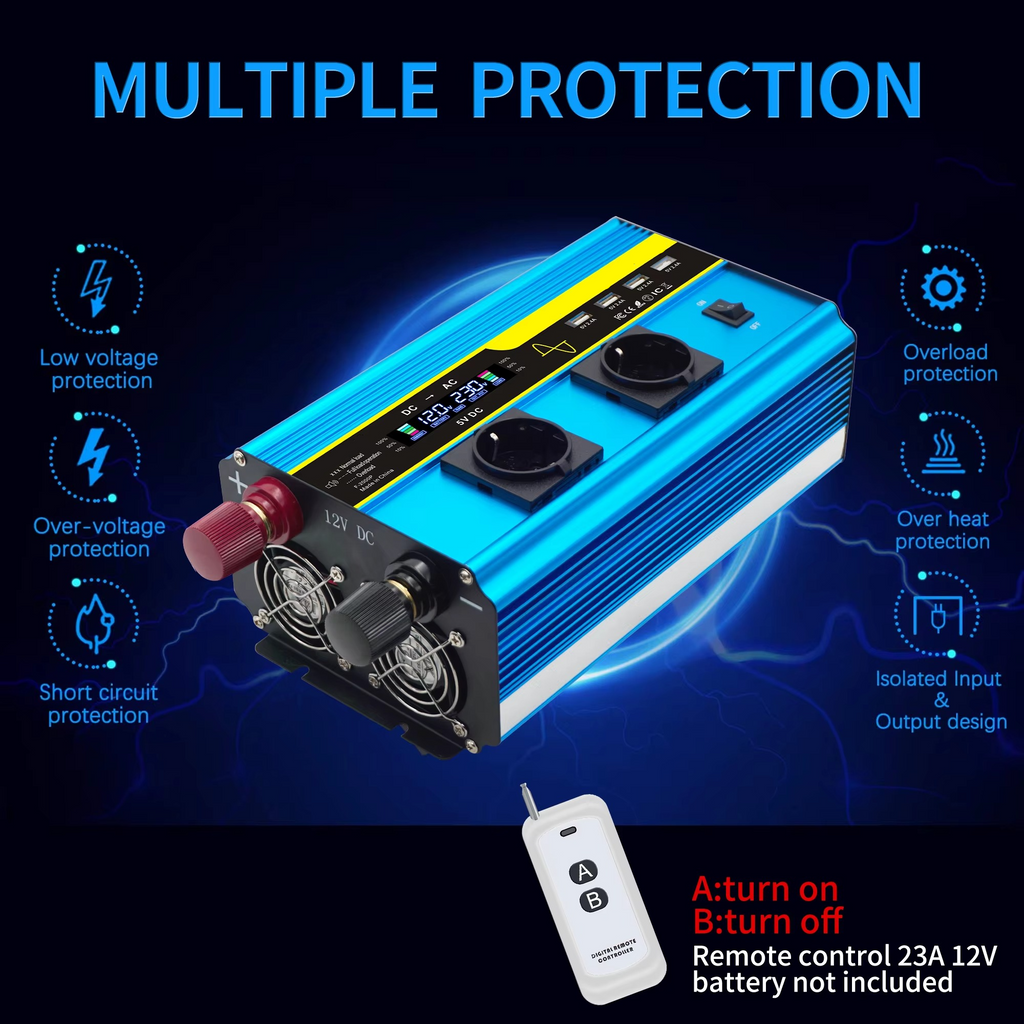 4000W Pure Sine Wave Power Inverter 12V/24V DC to 110V/220V AC Converter for Car and Solar Systems