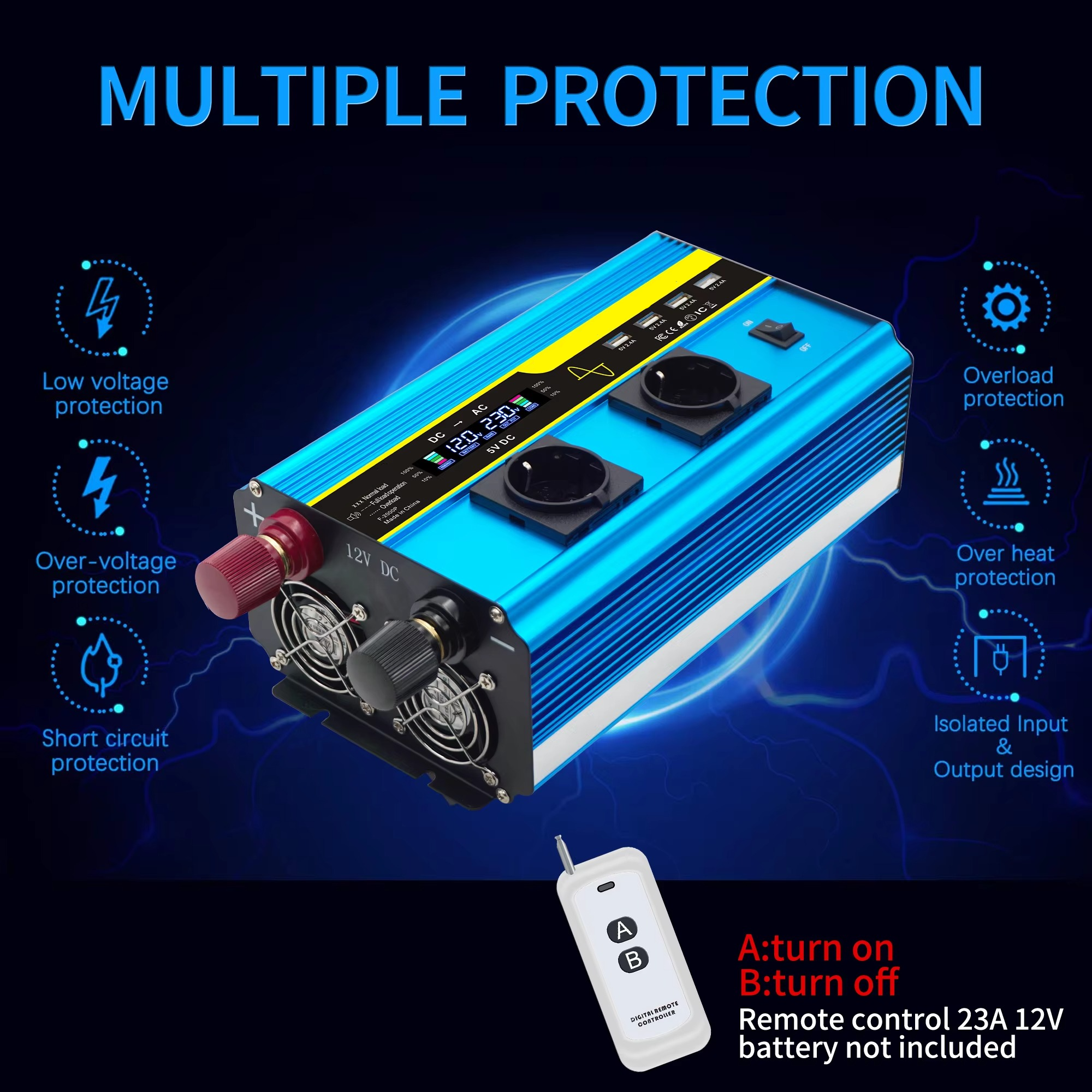 4000W Pure Sine Wave Power Inverter 12V/24V DC to 110V/220V AC Converter for Car and Solar Systems