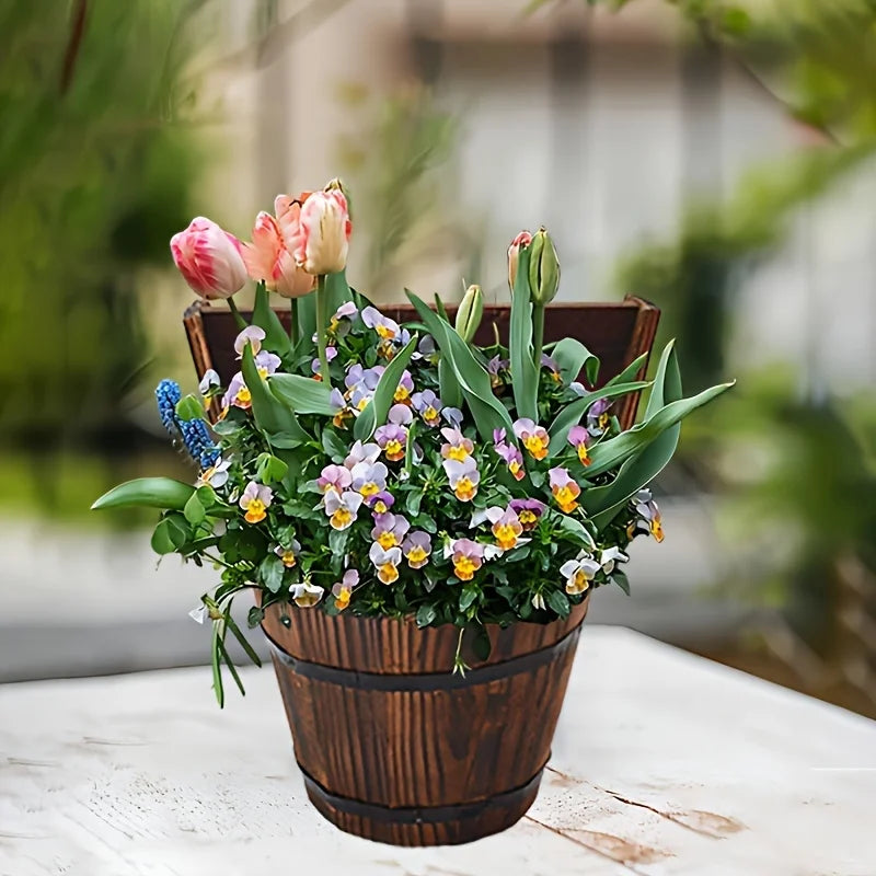 Wooden Bucket Planter in Barrel Design for Garden and Terrace – Decorative Flower Pots made of Wood