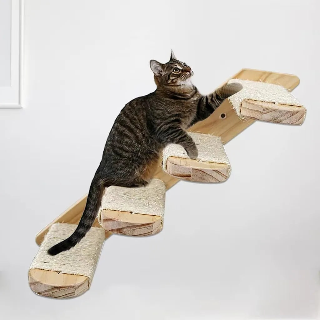 Cat climbing ladder for wall mounting made of wood with sisal