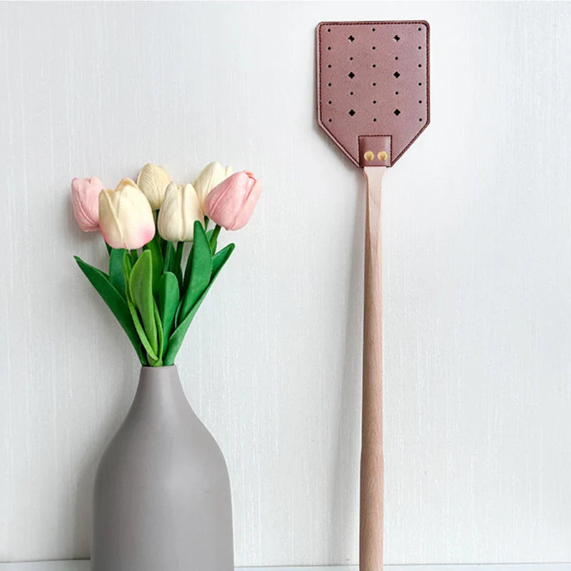 Insektra Leather Fly Swatter with Wood Handle | 13×10 cm Striking Surface | Stainless Steel Rivets | Hanging Device