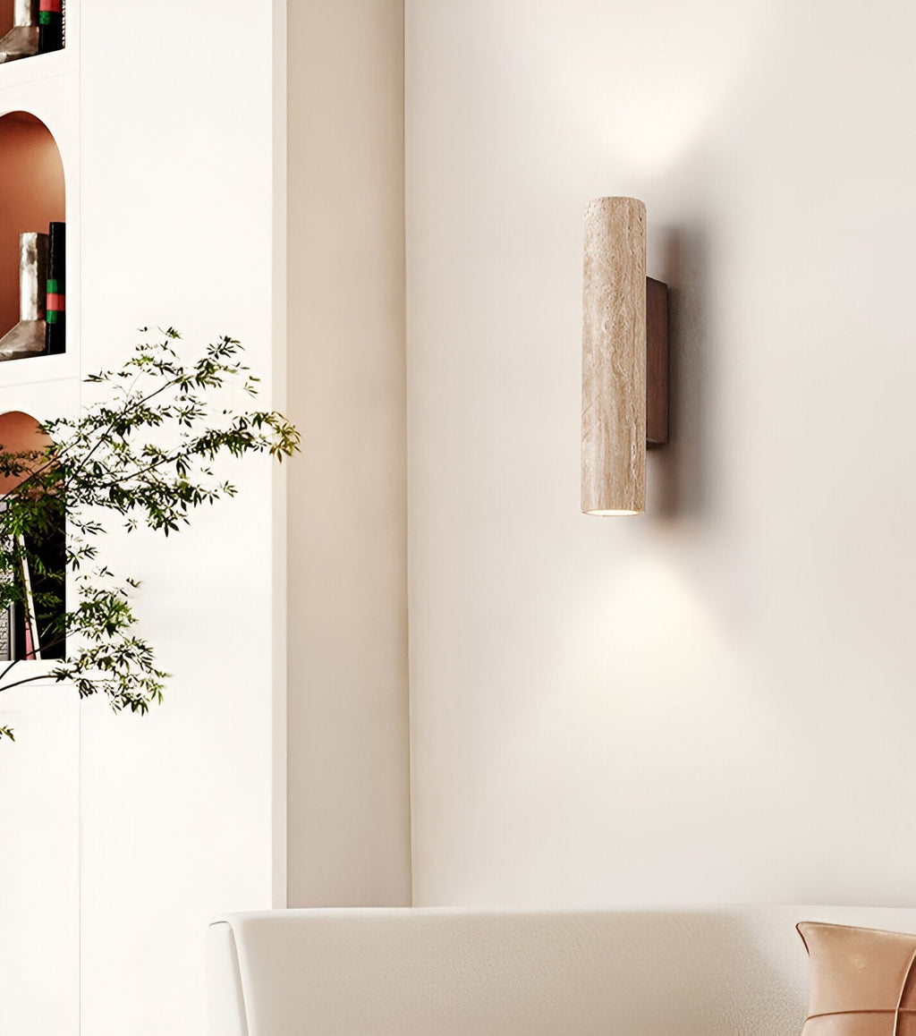 Travertine wall lamp in Japandi tube shape