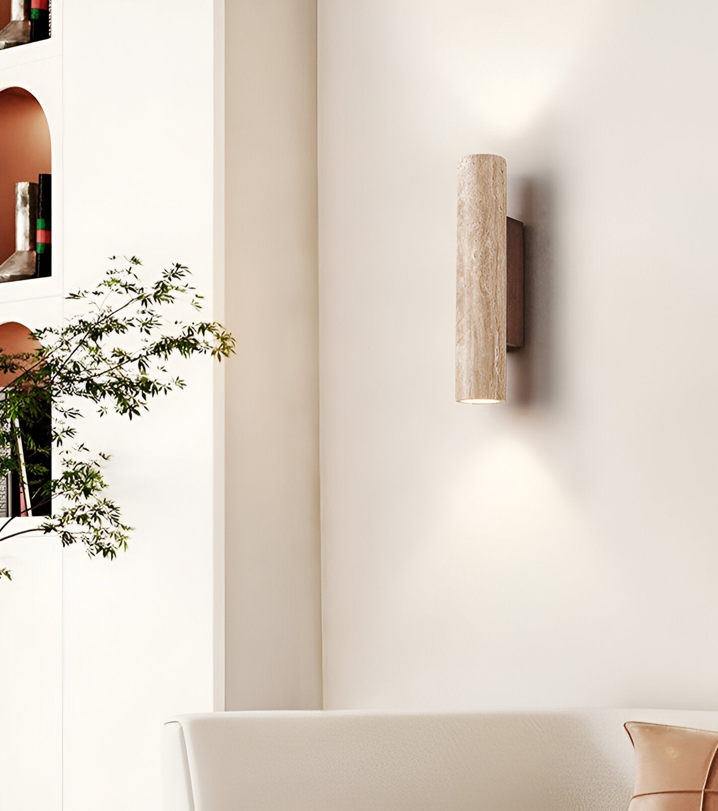 Travertine wall lamp in Japandi tube shape