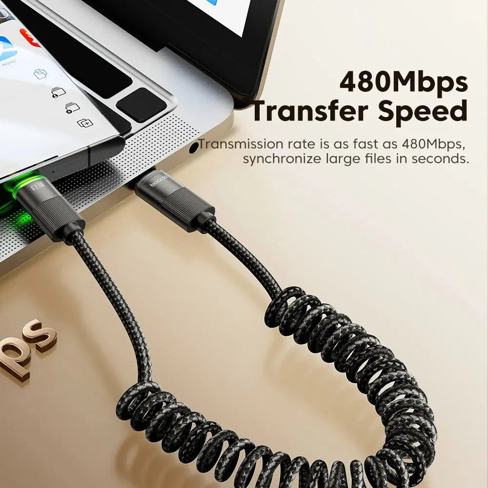 PowerLinx USB-C Cable | 100W Fast Charging | Spiral Cable with LED | 1.8m Stretchable & Durable