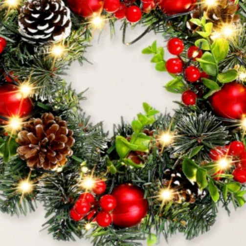 Lunoria Christmas Wreath | LED Lighting | Elegant Red Berries & Ribbon