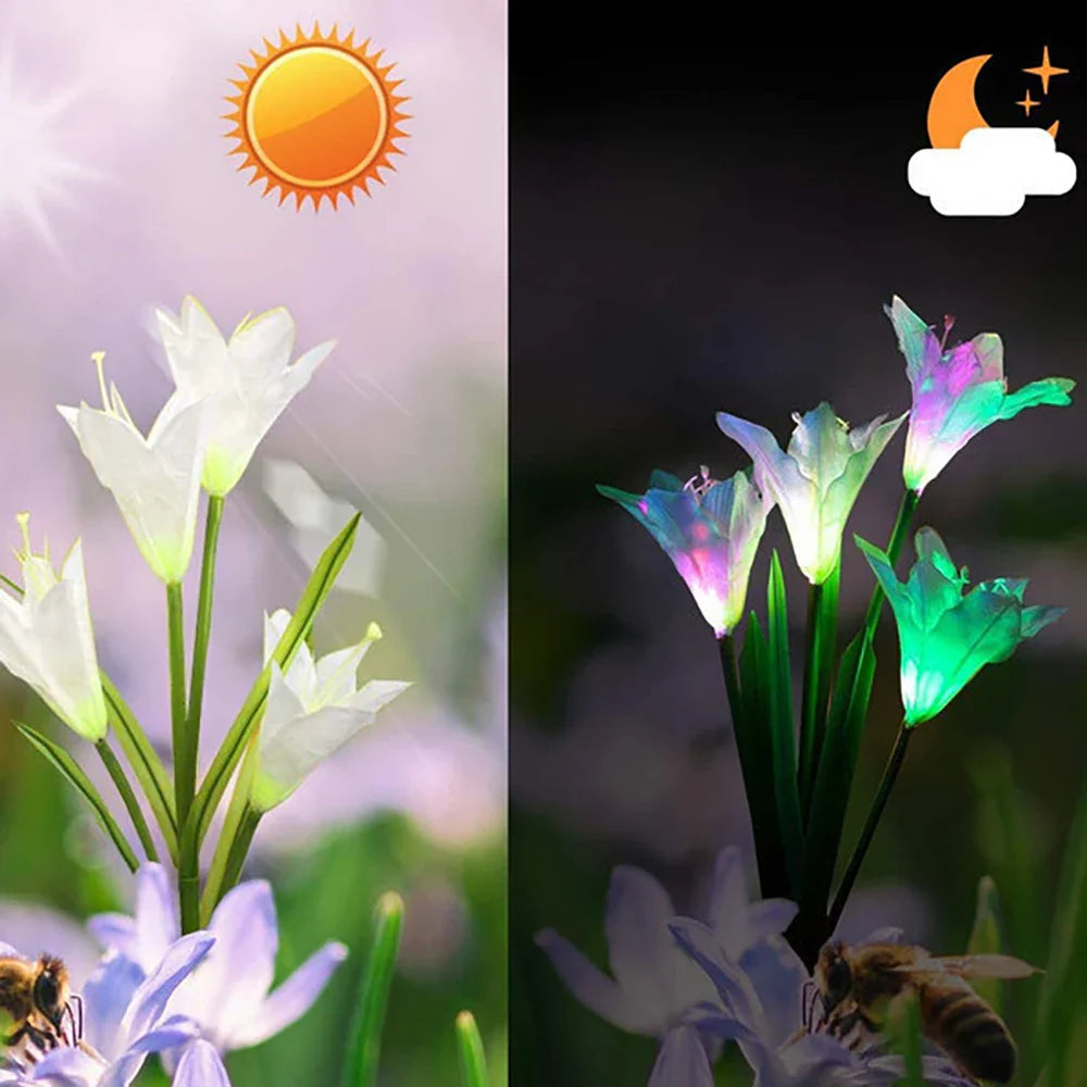 Solar LED flower lights in lily shape – Color-changing garden lights with stake for outdoor areas