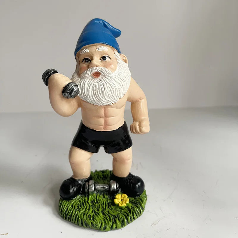 Funny Gnome Figurine made of Resin as Weightlifter for Garden Decoration