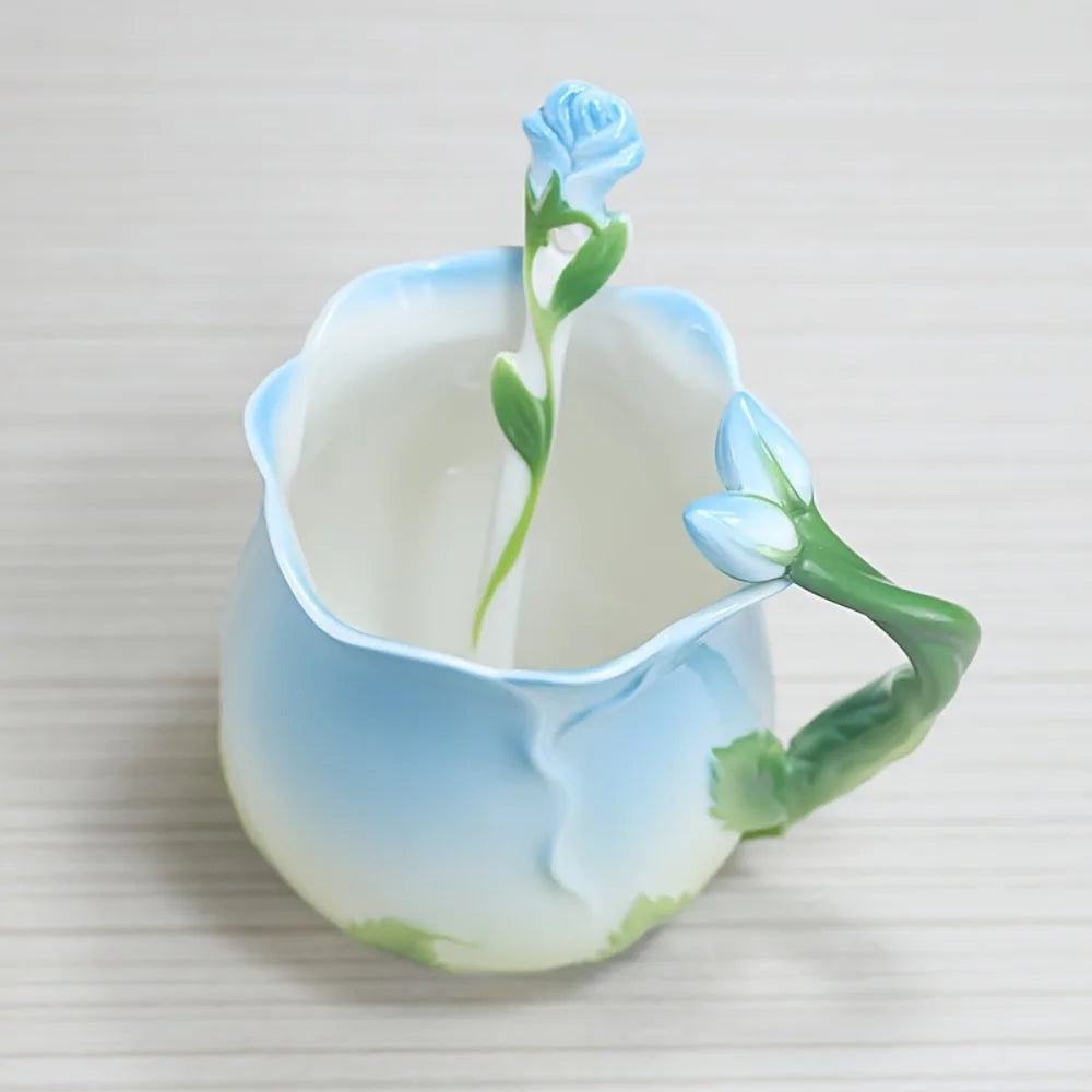 3D Rose Flower Coffee Mug Ceramic Coffee Mugs Cute Aesthetic Water Cups with Spoon Summer Winter Drinking Utensils Valentine's Day Gifts