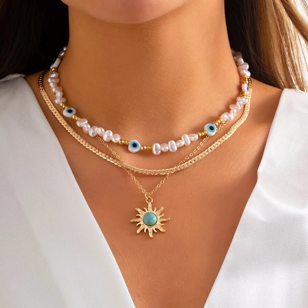 EthnoCharm Necklace Set – Sunflower & Evil Eye Accessories