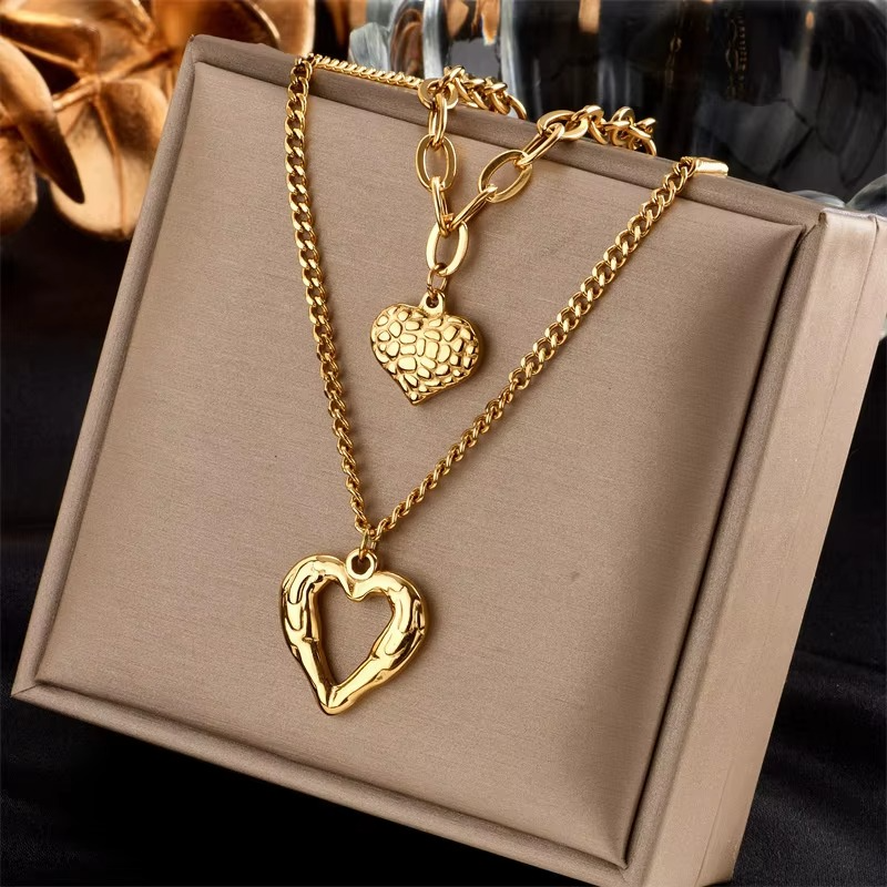 Chic Double-Layer Heart & Cuban Link Chain Choker Necklace
