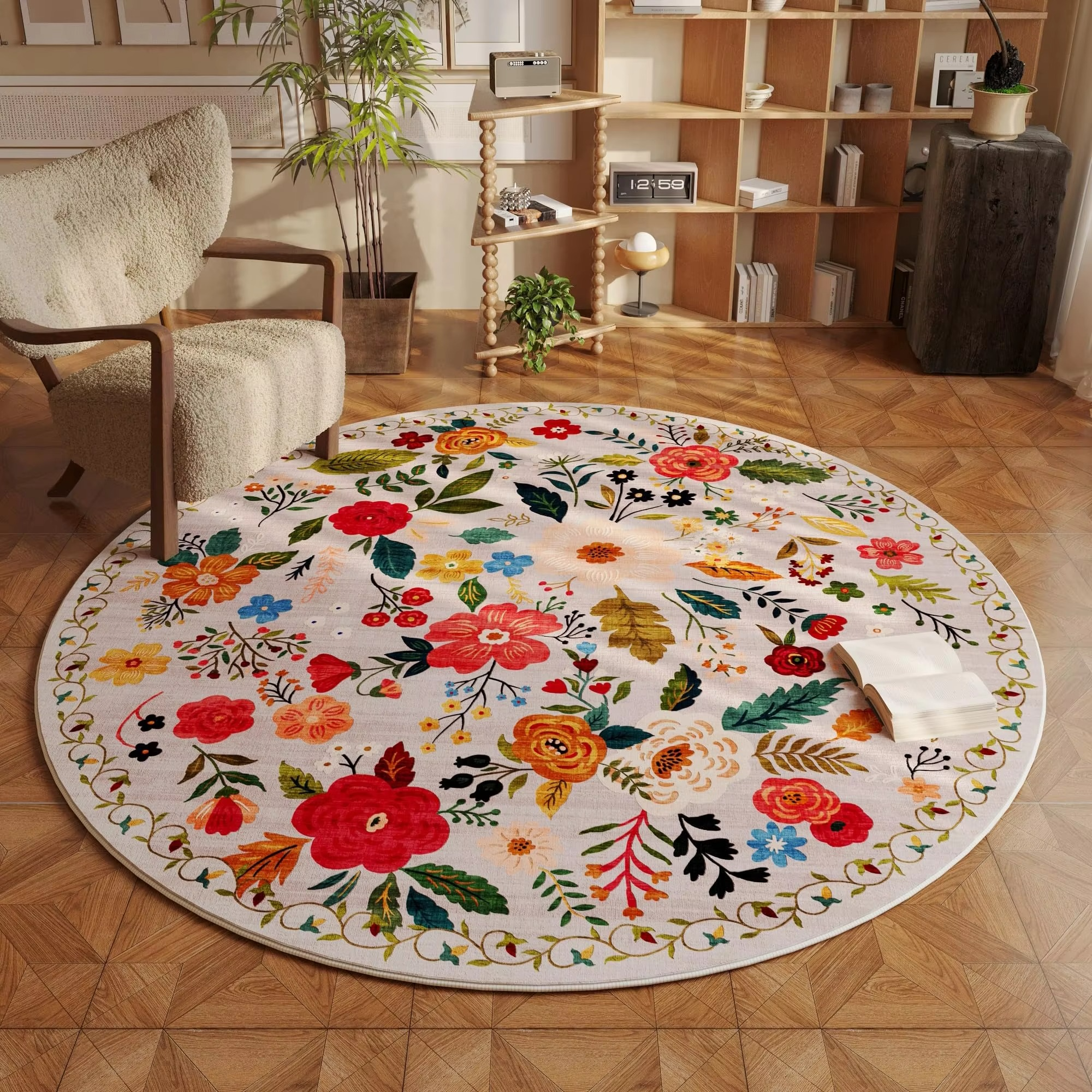 Beige Round Floral Rug with Washable Non-Slip Backing, Fade Resistant for Living Room