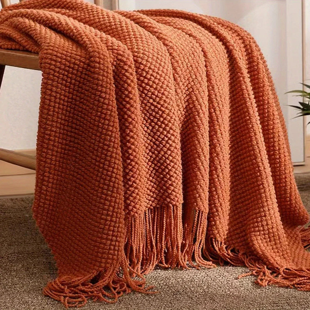 Aurelia Cozy Tassel Knitted Blanket in Morandi Orange | Soft & Warm | 3 Sizes | For Sofa, Bed & Travel