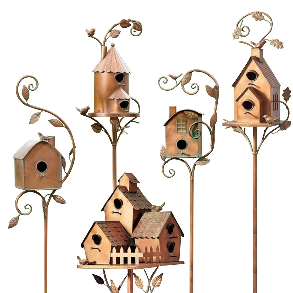 Metal Art Birdhouse on Garden Stake - FeatherNest