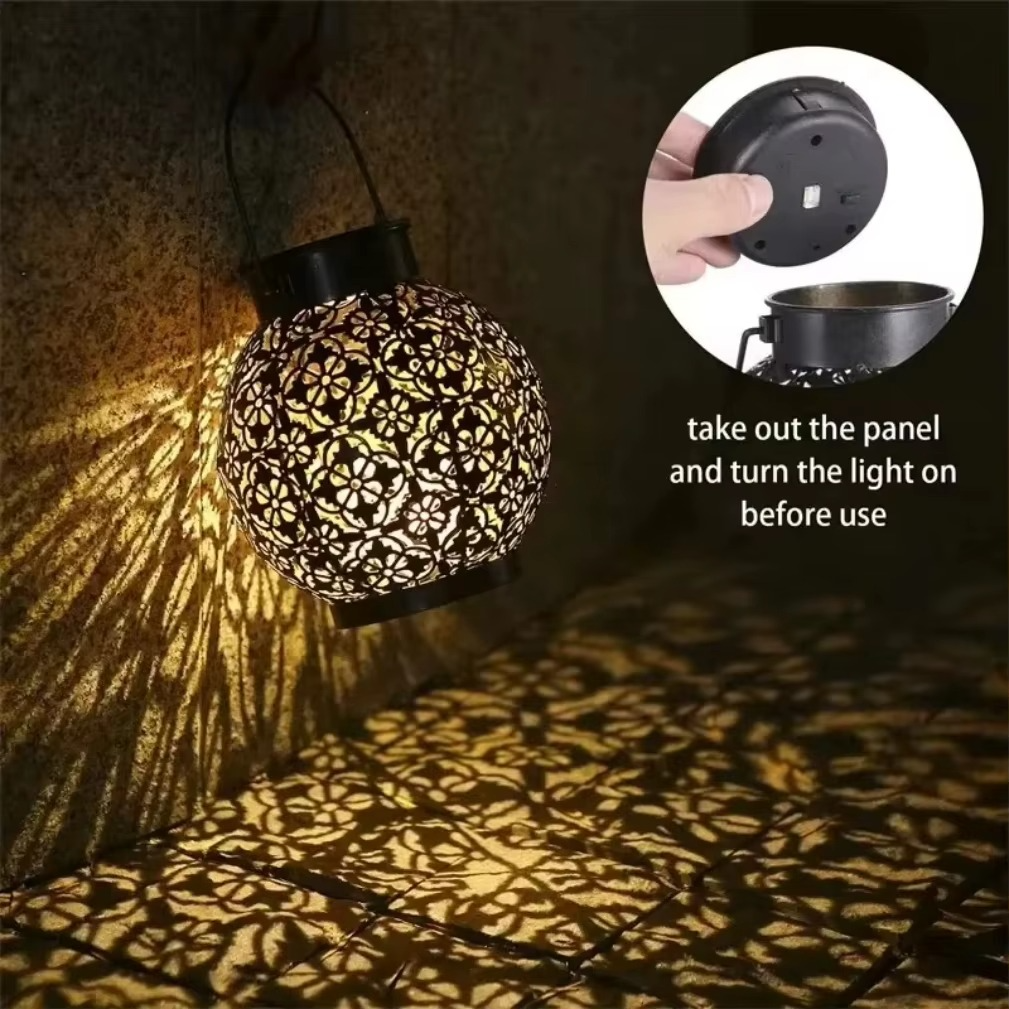 Outdoor Solar LED Lantern Light with Hollow Wrought Iron Design for Garden and Yard Decoration