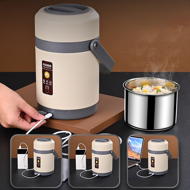 USB-Heated Stainless Steel Lunch Box, 1.6–2 L