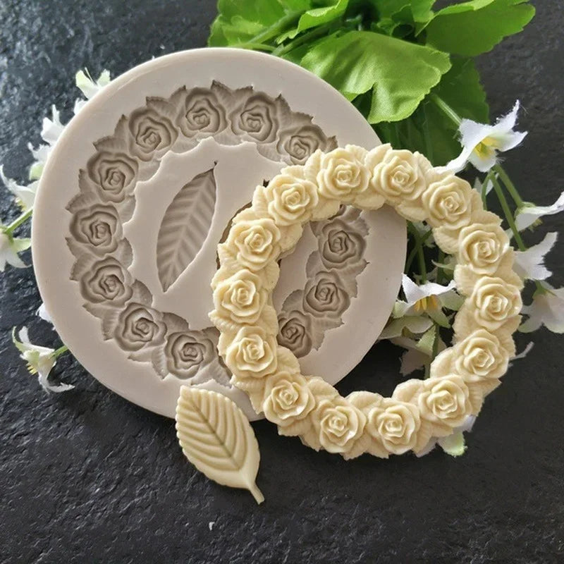 DekoMould Silicone Mold Rosette & Leaves | For Fondant, Chocolate & Sugar Paste | Finest Baking Decoration & Frame Designs