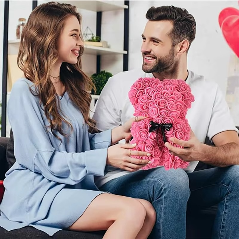 9.8in Artificial Rose Teddy Bear Gift with Display Box - Romantic Anniversary or Valentine's Day Decor