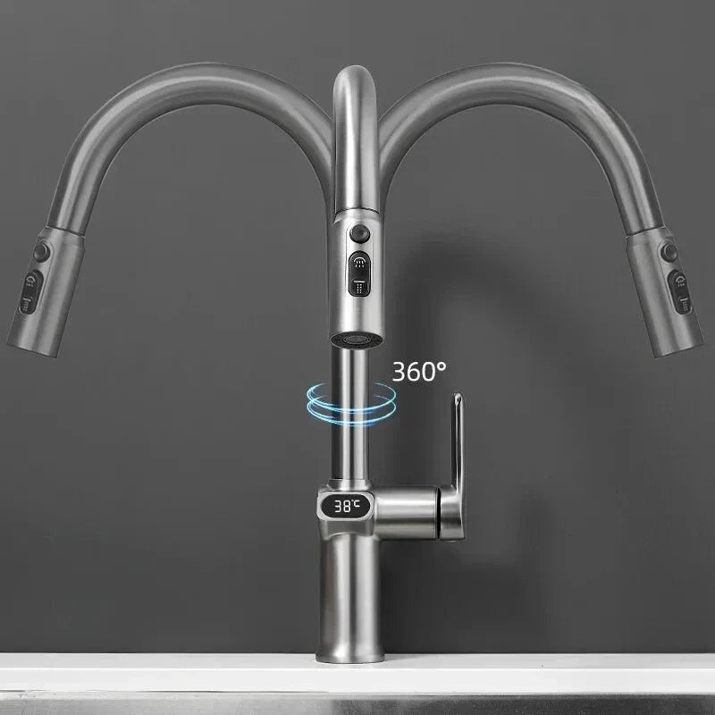 Pull-out Kitchen Faucet with Digital Display and Swivel Spout