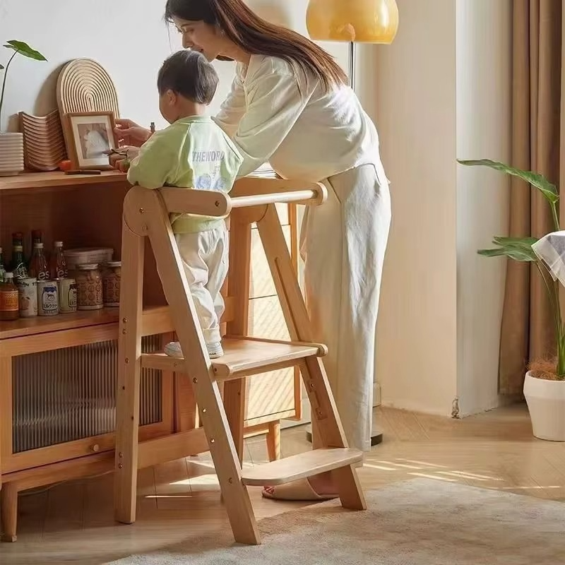 Modern Design Foldable Step Stool Kids Wooden Kitchen Tower - Safe and Versatile Helper for Kids