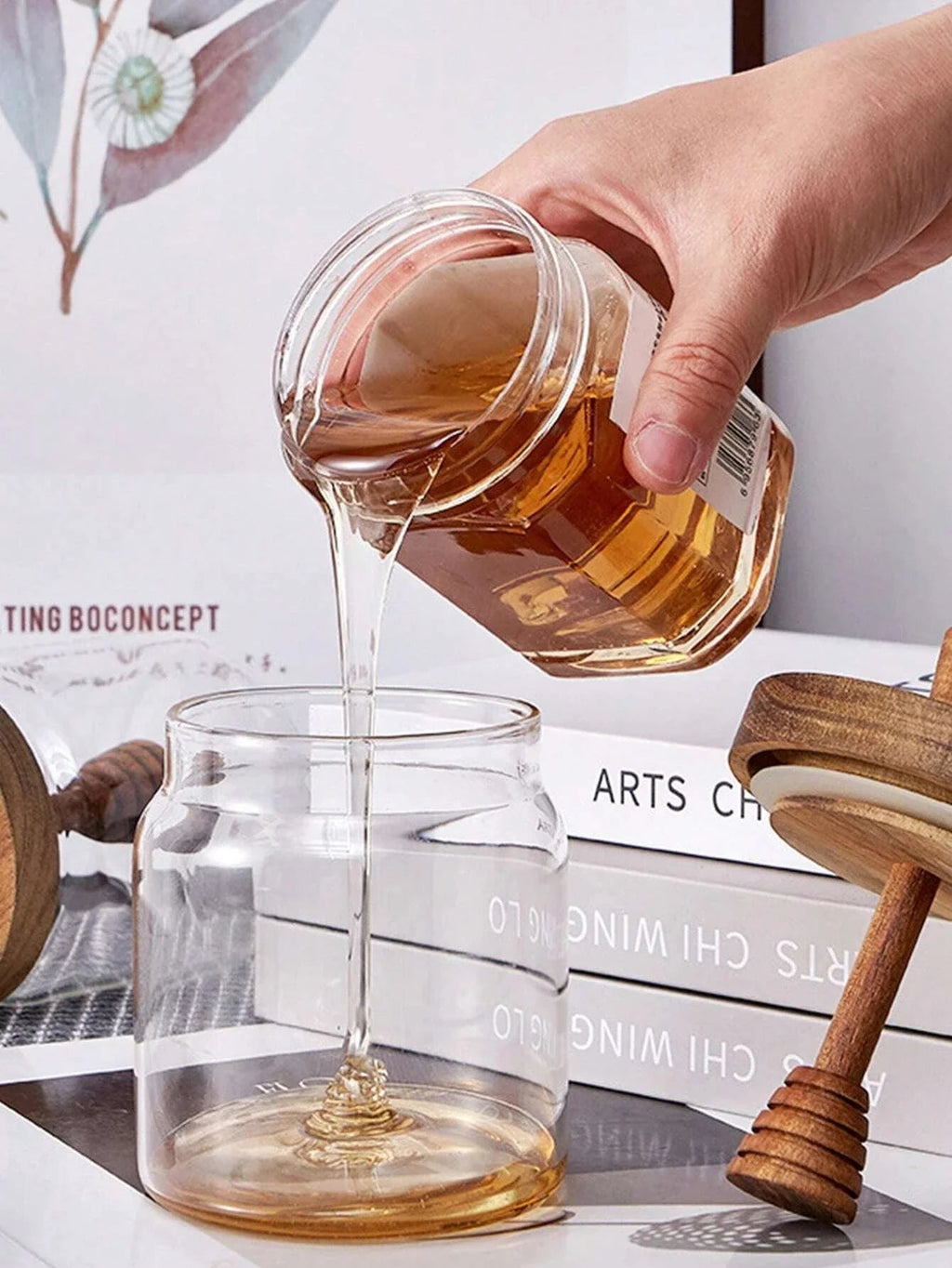 MeliVita Honey jar with wooden lid & stirring stick | Airtight glass storage container | Transparent honey vessel for kitchen & breakfast table