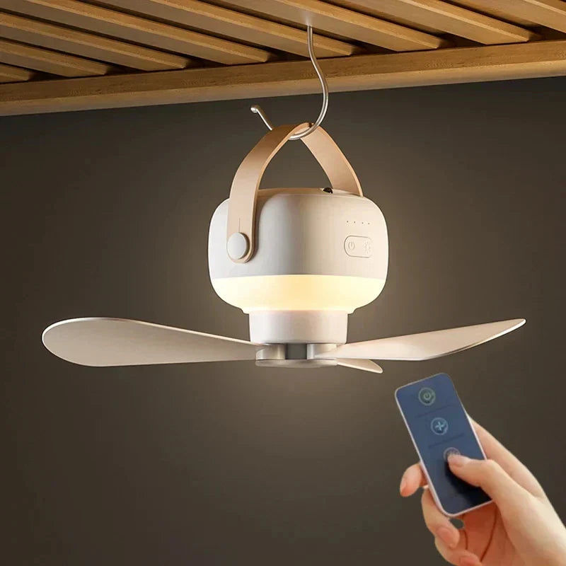 Mini portable ceiling fan with LED light & remote control – 4 speeds, USB rechargeable
