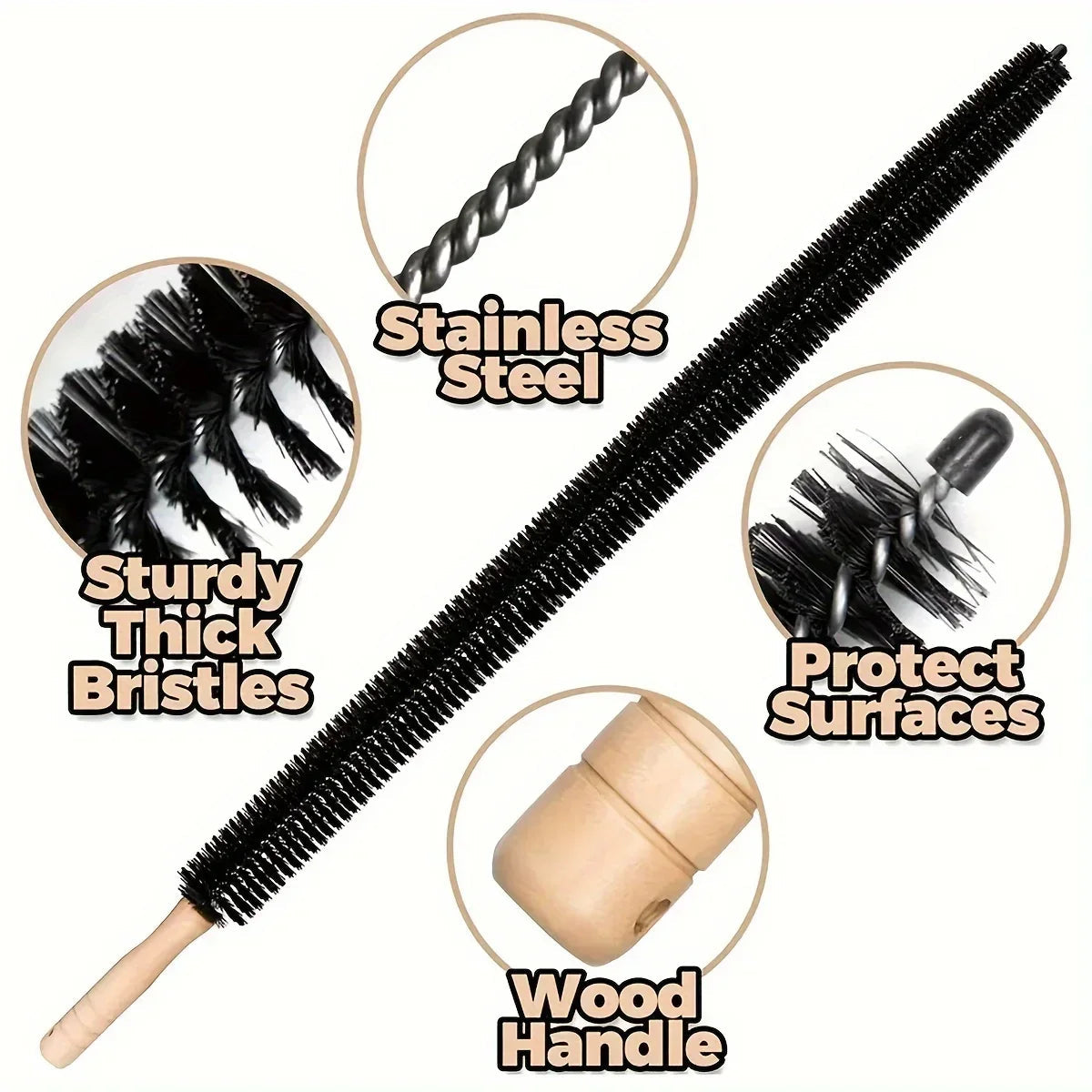 Dustello Cleaning Brush with Wooden Handle | Flexible & Extra Long | For Radiators, Pipes & Furniture Gaps | 70–75 cm