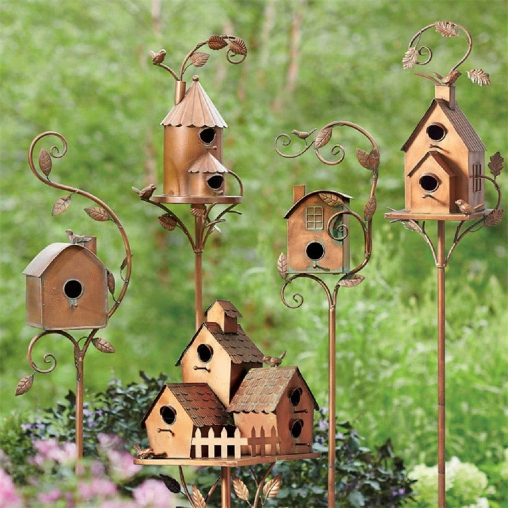 Metal art birdhouse garden stake - Talart
