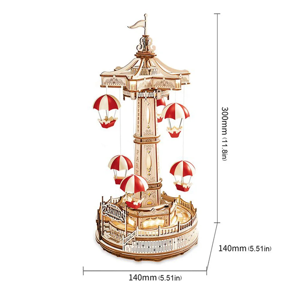 ROKR Parachute Tower Music Box | 3D Wooden Puzzle with Movement & Light | DIY Kit 184 Pieces | Magical Carnival for Kids & Adults