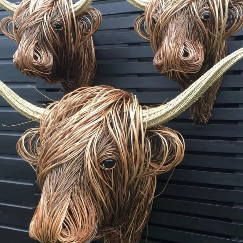 Woven Willow Highland Cow Resin Home Décor Figurine