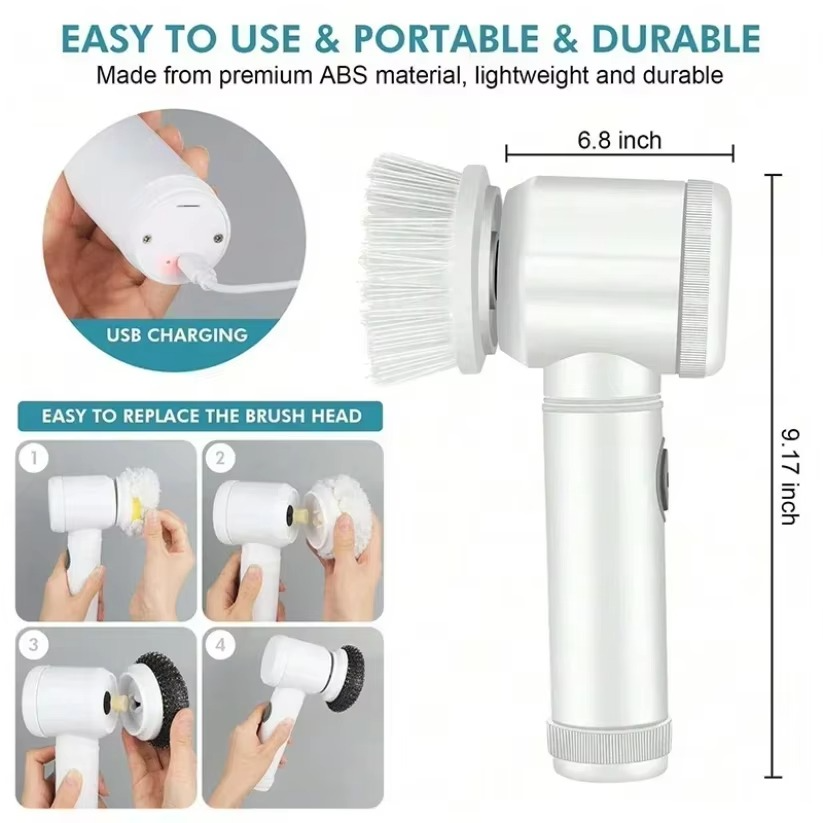 Electric Spin Scrubber with 5 Replaceable Brush Heads, Powerful Cordless Bathroom Cleaning Brush
