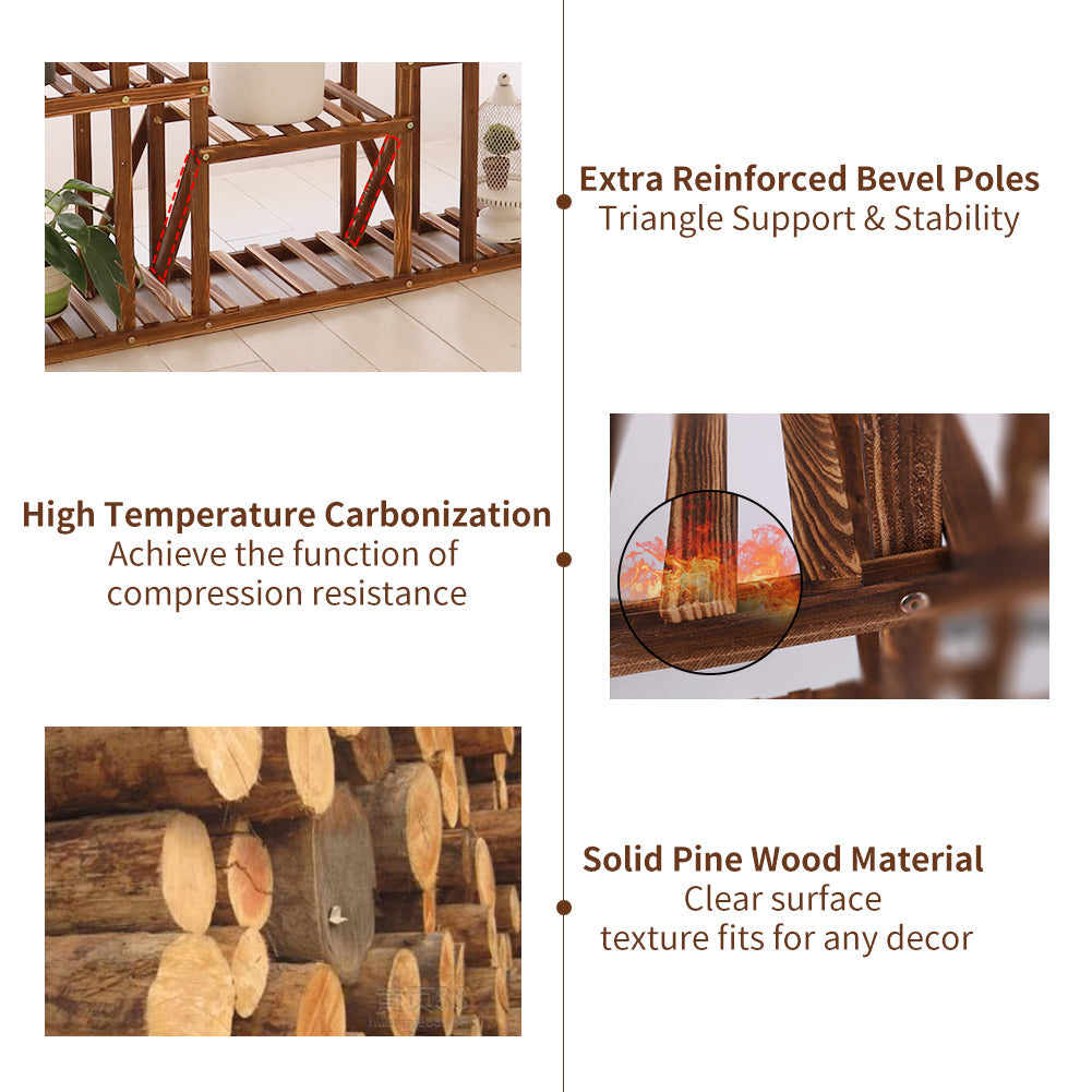 Large 11-tier Wooden Plant Shelf | Carbonized, Wide Flower Stand for Indoor & Outdoor