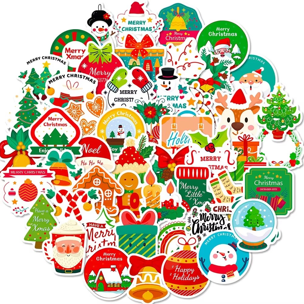 50pcs Waterproof Christmas Vinyl Stickers for Holiday Decorating, Gifts, and Party Favors