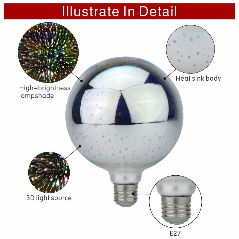 3D LED Bulb | Vintage Firework Effect Lamp with E27 Socket | 6W 85–265V | Decor, Party & Christmas Lighting | Auravia